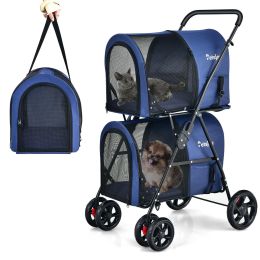 4-in-1 Double Pet Stroller with Detachable Carrier and Travel Carriage (Color: Blue)