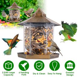 Hanging Gazebo Wild Bird Feeder Outdoor Bird Seed Station with Large Capacity 6 Feeder Ports for Garden Patio Park Weatherproof Easy To Refill (Color: Brown)